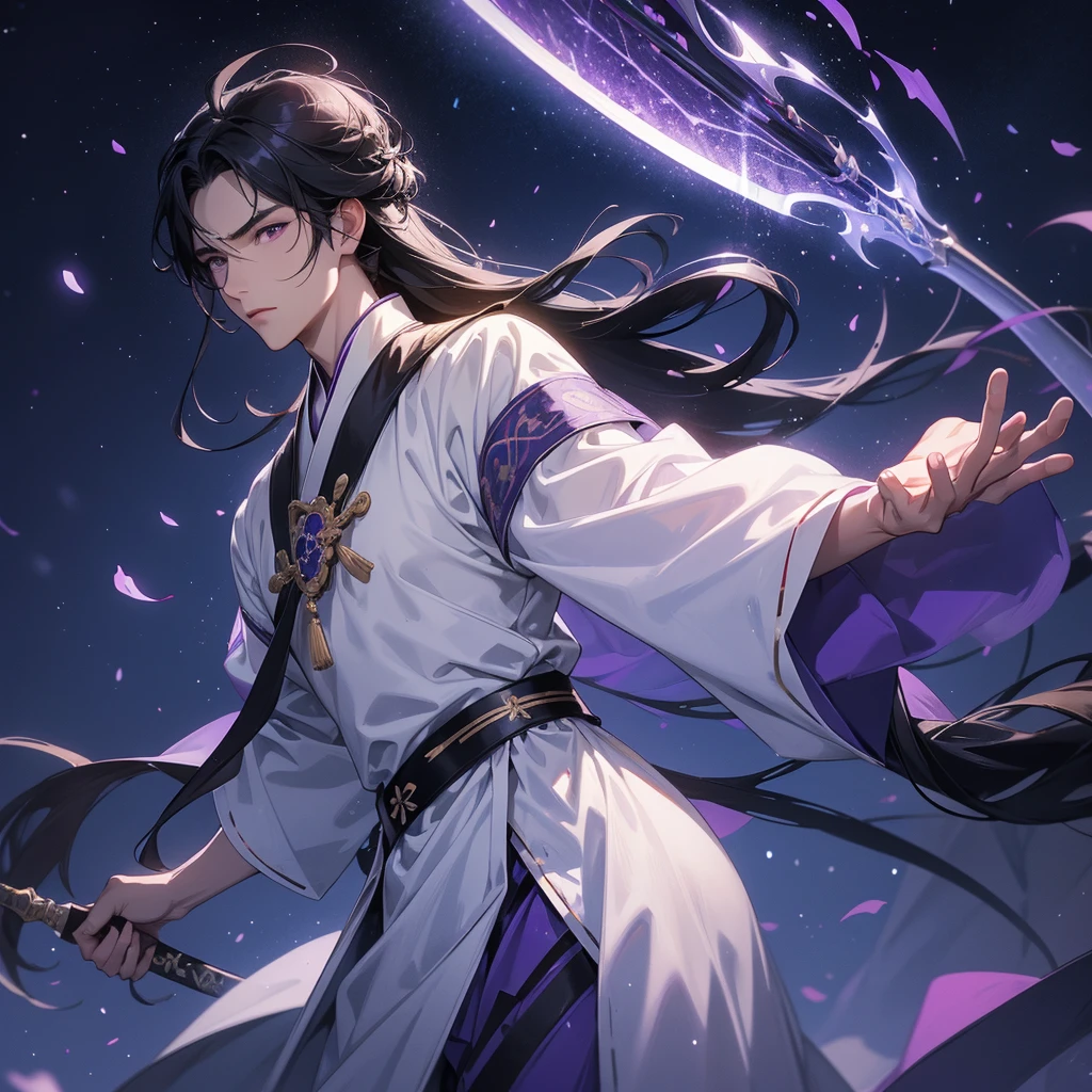 A Handsome black-hair male holding a large sword in white hanfu dress, Background is a dark moonless night, with dry trees in the background, and purple glowing light,