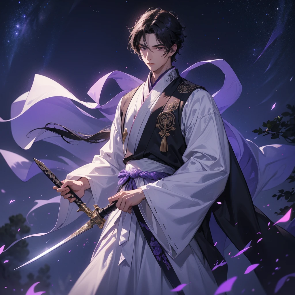 A Handsome black-hair male holding a large sword in white hanfu dress, Background is a dark moonless night, with dry trees in the background, and purple glowing light,