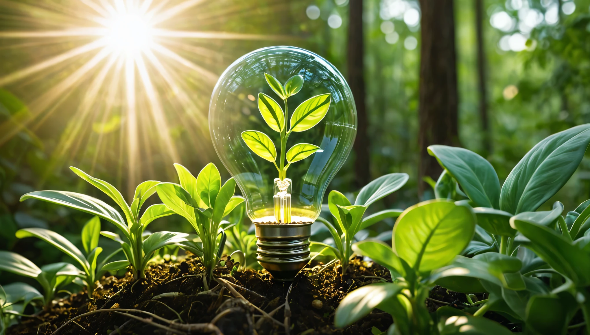 A photorealistic image of a light bulb nestled among vibrant green plants, with a single healthy sprout growing inside the bulb. The scene is set in a forest at golden hour, with the sunlight gently piercing through the trees and illuminating the bulb. The intricate details of the leaves, both inside and outside the bulb, are highlighted, showing a perfect blend of nature and innovation. The image captures the essence of renewable energy, sustainability, and the potential of technology to nurture life, with a serene yet powerful atmosphere