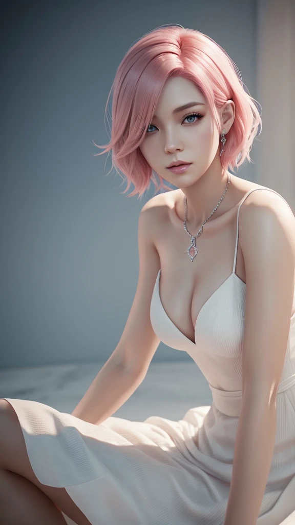 arcanevi, a woman with medium short pink hair wearing a white dress, female face, unreal engine character art, portrait