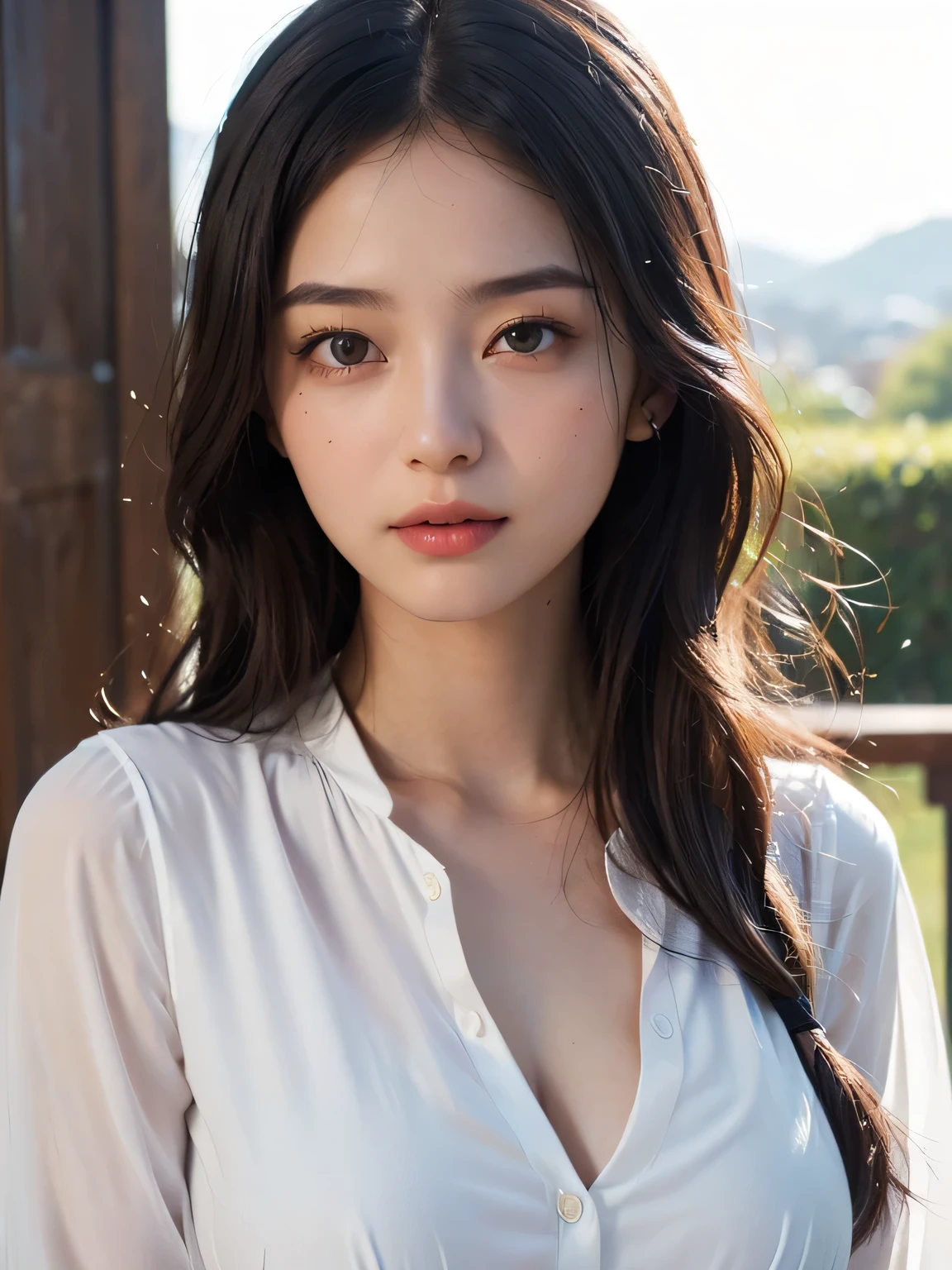 ((((Highest quality, High resolution)))), Extremely detailed 8K, Beautiful girl with slim body, (Ultra HD, Very detailed, Very detailed, Very realistic, Ultra-realistic, Photo Real), (One girl:1.5), Long Hair、Twin tails、Brown eyes, (Medium Breast: 1.2), (Beautifully detailed face, Beautiful attention to detail), (Sheer blouse:1.4),(Cleavage)、(Light of the sun, sunlight)，(slender:1.5),(Light clothing:1.6),(Open chest)、(Idol face:1.7),(Beautiful eyes)、(Beautiful face)、(Toned body:1.5),(masterpiece:1.8),Blushing、Beautiful Skin、Moist eyes、Embarrassed expression、Baby Face、Big Eyes、