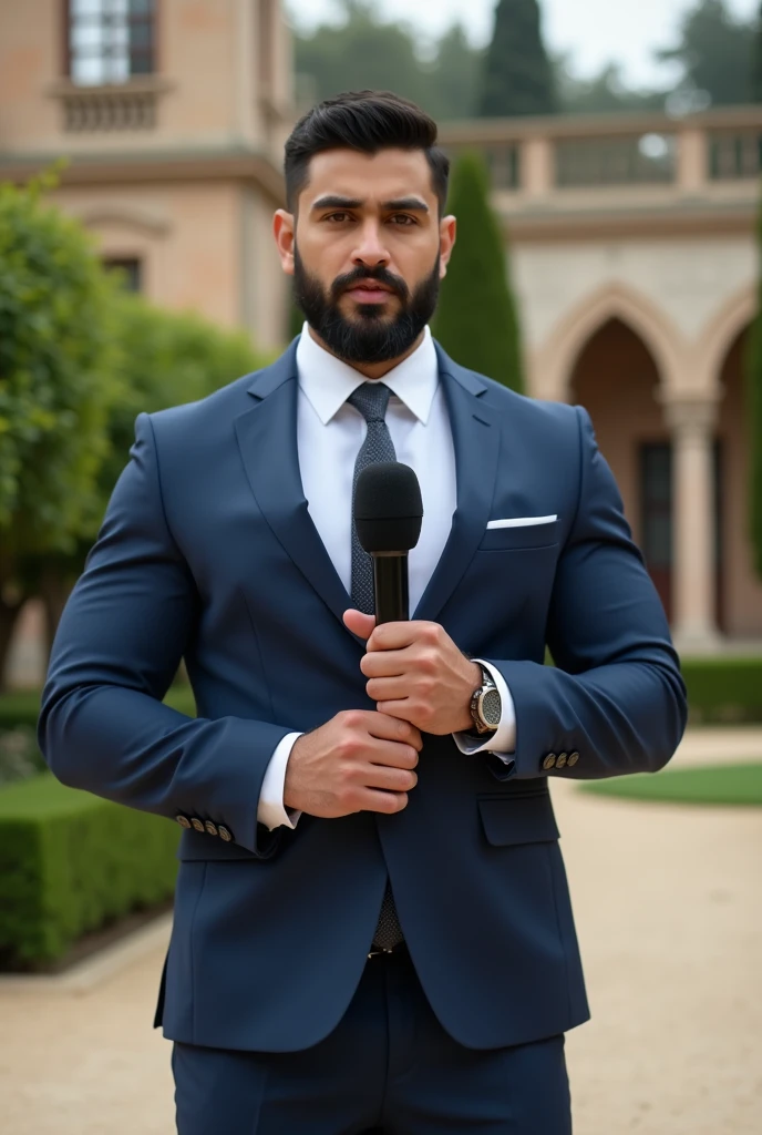 Strong, muscular, bearded young Persian man in a tight suit and tie showing off his muscular arms holding a microphone CNN GUAPORÉ, news reporter Anthony Conn, christian orrillo, Omar Ortiz, joel torres, Jason Schier, Ignacio Fernández Rios", james zapata, alex miranda, danilo torres, Lucas Graziano, photo of the journalist, high quality news footage, Jonathan Zawada, Sidney Lugo, news footage, a beautiful garden of a historic building in the back.