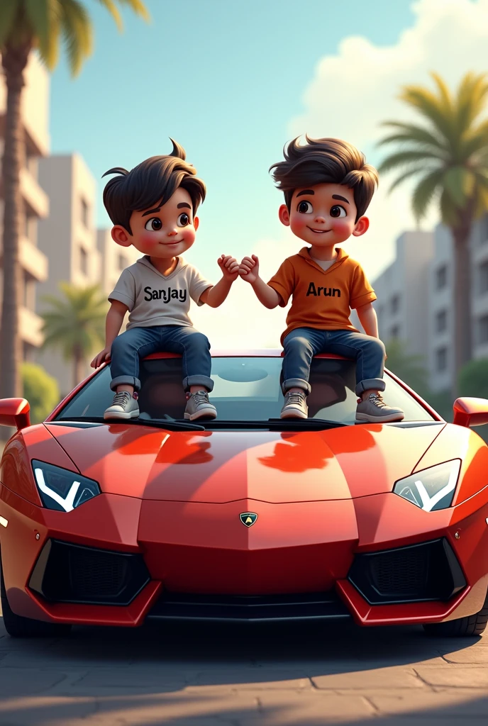 Two boys sitting on top of a Lamborghini car, one has Sanjay written on his chest and the other has Arun written on his chest