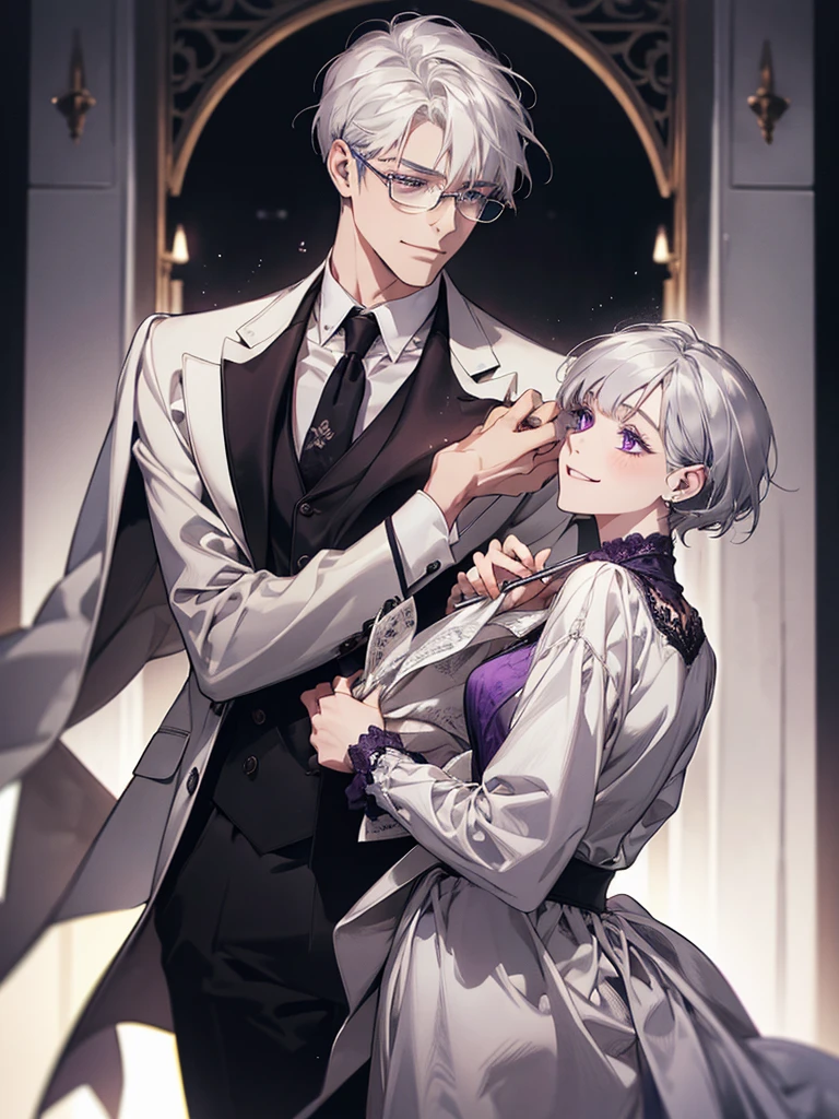 short_Silver_hair, hair_back_~ side, small_bangs_on the ~ sides, 1adult_man, really_purple_eye, beautiful_and_detailed_eye, Nice_smile, dress, white_work_suit, Holding_a_Silver_cane_in_Money_handle, detailed_hands, wearing_white_glasses, Better_quality, High resolution_quality