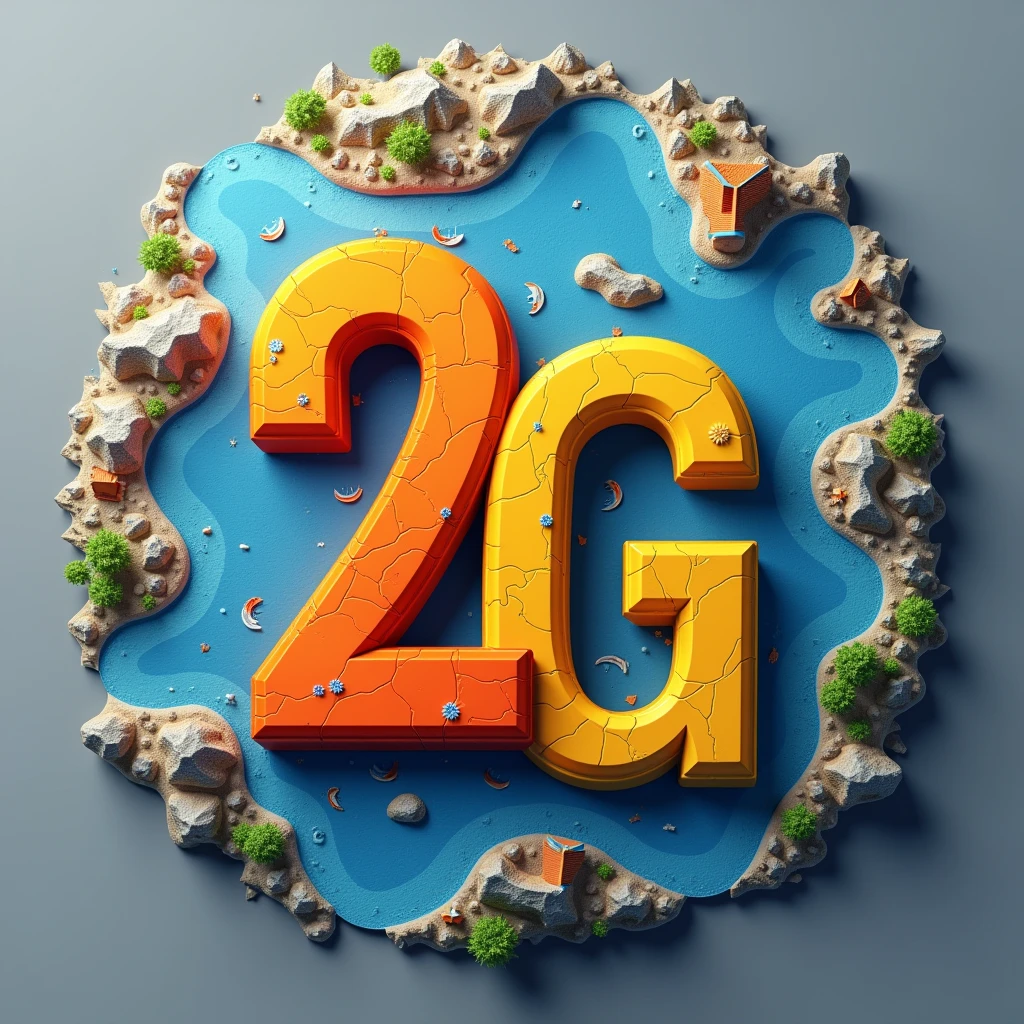 Colorfull logo with big text "2g" and many geogaphic details in gray background