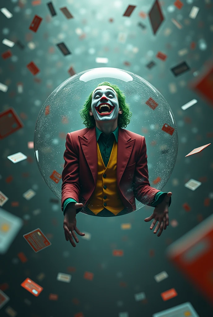  suicide squad joker laughing in a floating bubble with silver string and with the background of the image full of credit cards.