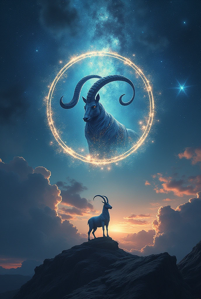 Create an epic image of capricorn zodiac sign symbol with glowing effects, and set against a cosmic background filled with stars, nebulae, and swirling galaxies. The design should evoke a sense of mystical energy and astrological power, with the circle subtly radiating light.