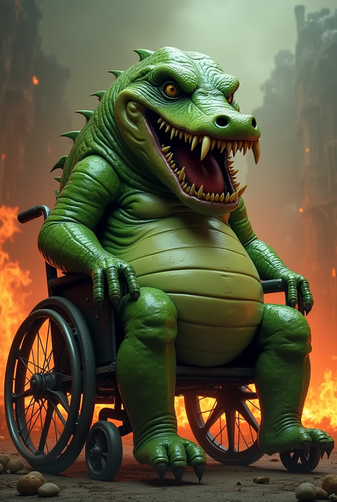Big Pickle without arms and legs with a alligator face in a weelchair in hell burning