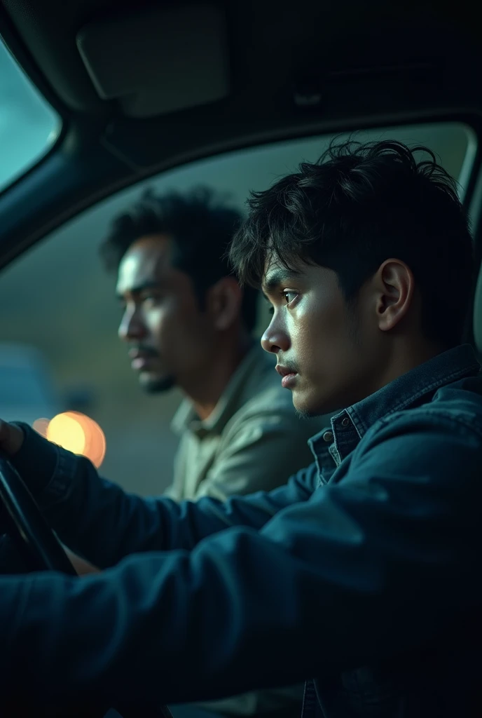 cinematic, photorealistic film poster of a young father behind steering wheel looking at his son in the passenger seat, close up, fear in face, late night, Kalimpong Sikkim Highway