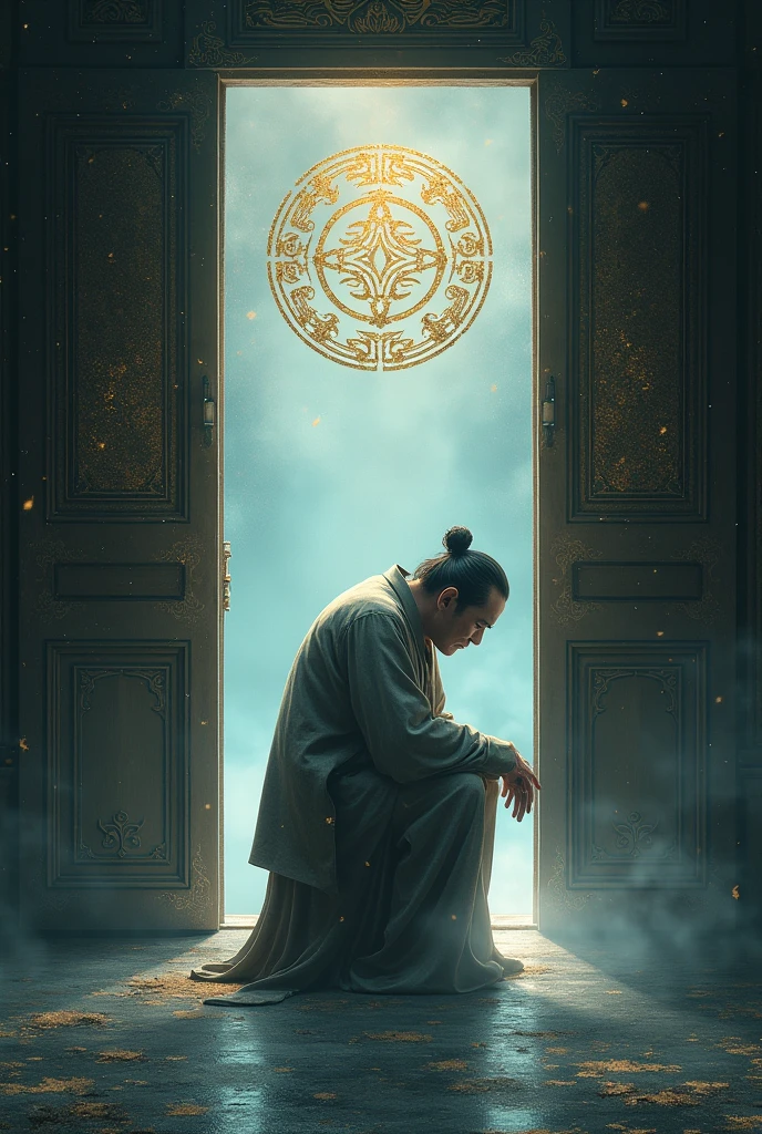 /imagine prompt: Chinese character glitter effect, a man of fantasy, A middle-aged man with his head down, looking very dejected and guilty, with an open door behind him bearing the symbol of the sect, ,32k, best quality, masterpiece, super detail, high details ,in the style of the stars art group xing xing