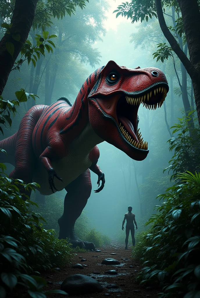 Red Tyrannosaurus Rex with black stripes hiding in the undergrowth in the African forest at night in front of a hunting man. Terror. frightful. fear. 
