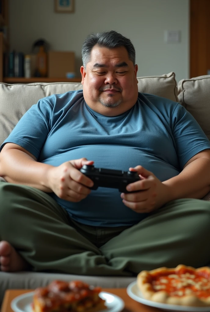 An overweight lazy Asian middle aged man wearing a blue t shirt that hangs his belly and green cargo pants sitting on the couch playing video games with pizza