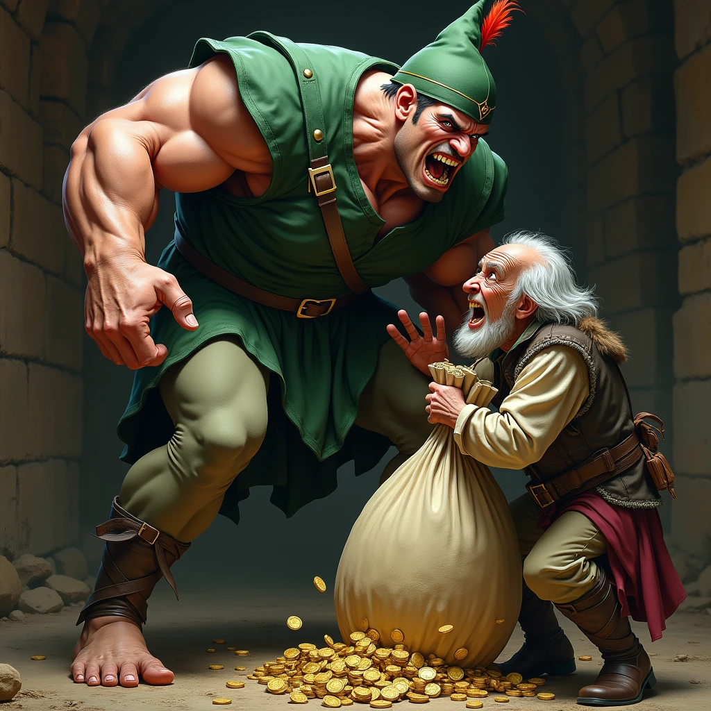 a very strong bodybuilder man, robin hood dress, with the green clothes and green hat characteristic of Robin Hood, muscular, tan muscular que se ven las venas de su cuello, shouting in anger and jumping on an old, poor man, a ragged beggar with a white beard and old, medieval clothes, hugging a big bag of money and gold coins, with a shocked expression of terror and fear with his mouth and eyes open screaming in fear, close up de su cara. Robin Hood wants to take the old man&#39;s big bag of money, Robin Hood is much bigger than the old man