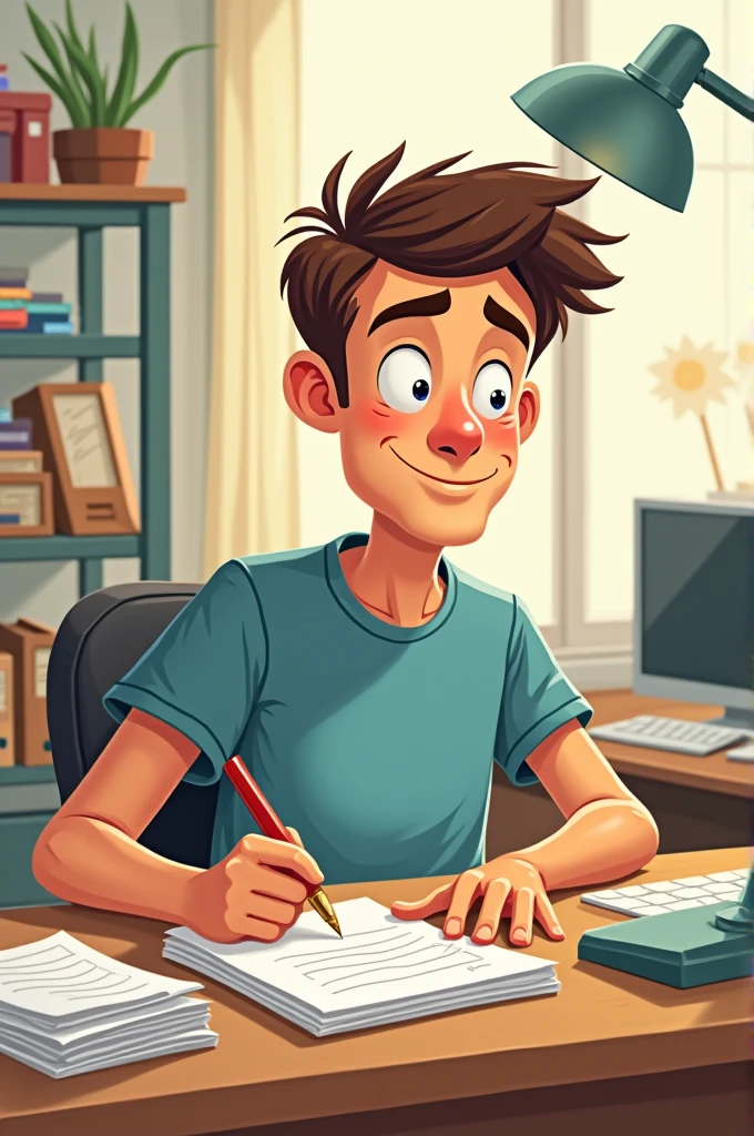 A cartoon of a man sitting at a desk with a pen