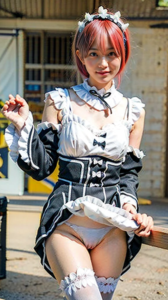Highest quality,(8k, RAW Photos, Highest quality, masterpiece:1.39), (Realistic, photo-Realistic:1.2), One girl, Ram_Re:Zero_2, Red eyes,Urzan-6500-v1.1, Cleavage、Small breasts、Lift the skirt with your hands to show your panties