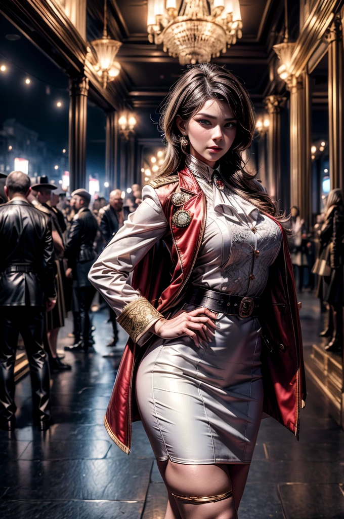 masterpiece,best quality, masterpiece, high detail,detailed face,detailed eyes,rendered eyes,perfect eyes,hip lines,crisp image,detailed,amazing,8k,8k wallpaper,8k background,high detailed skin,high res, (((cowboy shot))), solo, 1girl,looking at viewer,WillowSchnee, . Her attire consists of a white cravat secured by a silver brooch set with a red stone, as well as a light violet jacket with light sleeves, a wide belt around her waist, a matching pencil skirt with black tights and slippers. serious expression, outside ornate theater, gala, red carpet, crowd, ((crowd in military uniforms)) standing in front of limousine, holding wine glass,  (volumetric lighting), sharp focus, hyper detailed 