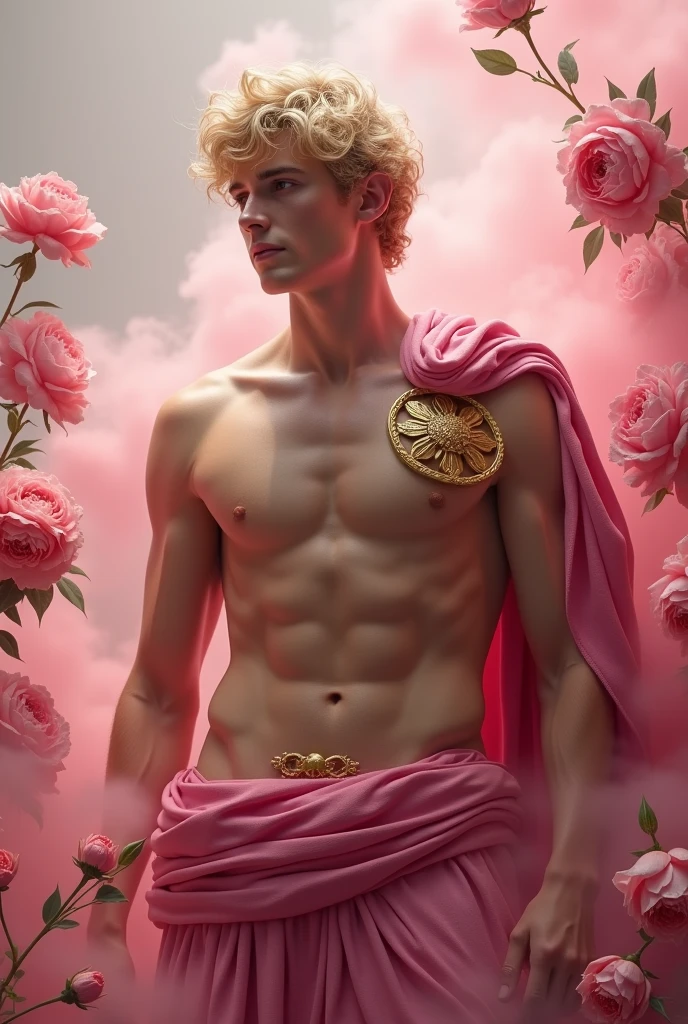 Hyper realistic, Masterpiece, detailed, 8k, a delicate and graceful image of a Handsome roman young man, shirtless, pink fabric on waist with golden ornament, golden shoulder ornament, blonde hair, surrounded by pink smoke and flowers