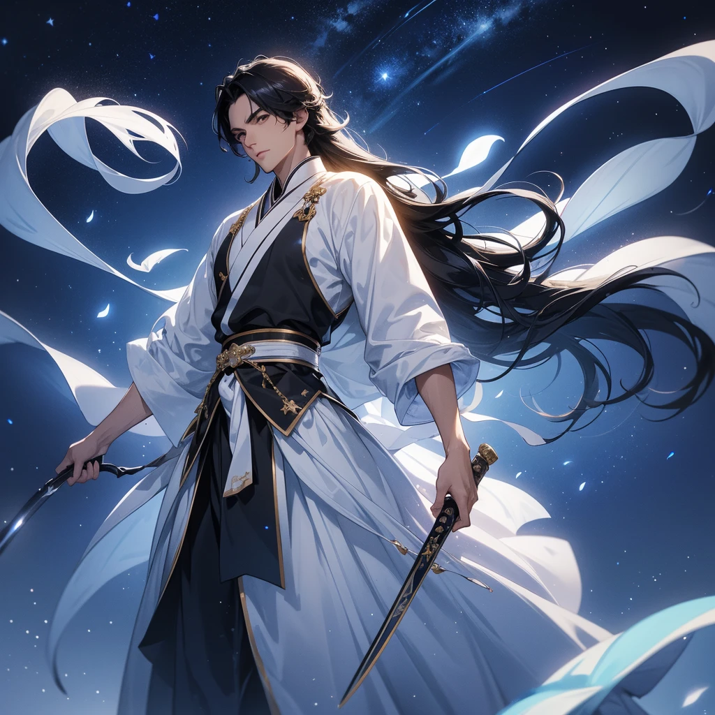 A Handsome black-hair male holding a large sword in white hanfu dress, Background is a dark night, with moonlight and millions of stars, twinkling everywhere, with blue light.