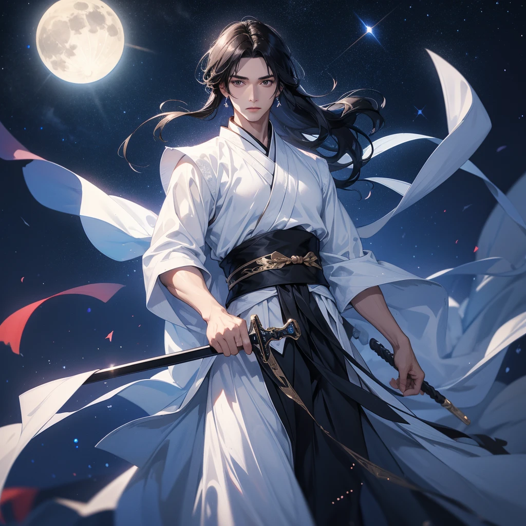 A Handsome black-hair male holding a large sword in white hanfu dress, Background is a dark night, with moonlight and millions of stars, twinkling everywhere, with blue light.