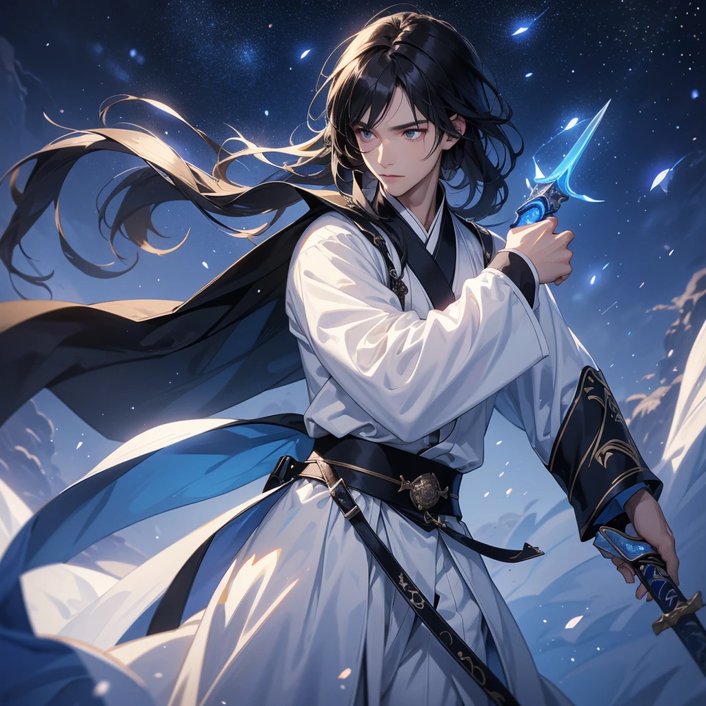 A Handsome black-hair male holding a large sword in white hanfu dress, Background is a dark ht, with moonlight and millions of stars, twig everywhere, with blue light.