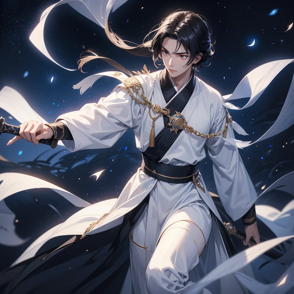 A Handsome black-hair male holding a large sword in white hanfu dress, Background is a dark night, with moonlight and millions of stars, twinkling everywhere, with blue light.