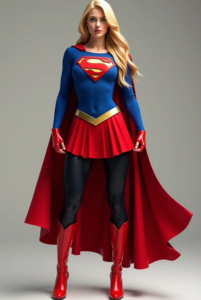 supergirl, full blue body suit, long blonde hair, red elbow gloves, red gauntlets, black tights, red boots, red skirt, gold belt, really long red cape, standing, looking straight, full image from head and legs, bondage