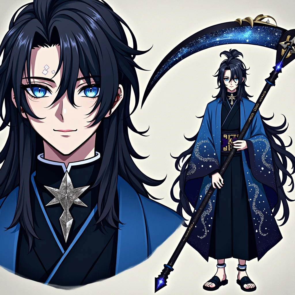 Physical appearance:

Height: Approximately 1.80 meters.
complexión: Slim but athletic, with defined muscles that show his rigorous training.
cabello: Long and black as the night, with locks that shine as if they were sprinkled with stars. It's usually worn loose, but sometimes she puts it in a high ponytail during battles.
eyes: of a deep blue, like the night sky. His eyes have a special shine, as if reflecting the light of the stars. cuando usa sus técnicas de respiración, His eyes seem to shine even more brightly.
fur: pale, with a tone reminiscent of moonlight. He has some visible scars on his arms and torso., memories of his battles against demons.
CLOTHES: Lleva un uniforme del cuerpo de Exterminio de Demonios modificado. His haori is dark blue with constellation patterns embroidered in silver thread.. The bottom of his haori has a design that mimics the night skyline., with scattered stars. Under the haori, He wears a tight black shirt and trousers of the same colour, allowing you to move with agility.
Accessories: Wear a necklace with a small star-shaped pendant, a memory of his family. He also wears a leather bracelet on his left wrist., with engraved runes representing protection and strength.
scythe: The Lord&#39;s (Starry Scythe)

move: curva y afilada, made of a dark, shiny metal. Along the sheet, There are inlays that shine like stars, forming constellations.
mango: Long and robust, wrapped in a deep blue cloth. At the base of the handle, There is an ornament in the shape of a shooting star.
Size: The scythe is imposing, with a total length of approximately 2 meters, allowing Kaito to attack from a distance and keep the demons at bay.
Personality:

Calm and Reflective: Kaito is a calm person, always observing and analyzing your surroundings. Find comfort in the stars and the quiet of the night.
Wise and Patient: c