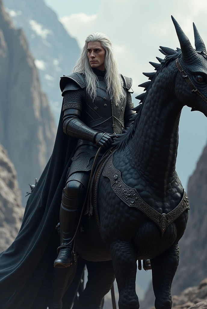 Make a male Targaryen character accompanied by a dragon, armor black, long  hair 