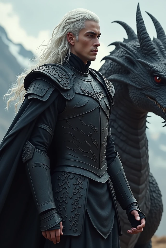 Make a male Targaryen character accompanied by a dragon, armor black, long  hair 