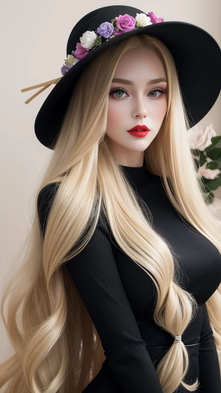 perfect face, red lips, green eyes,long black hair with very long blonde hair, super long blonde hair with very super long black hair, large hair, huge hair, woman wearing purple waisted mermaid dress, flowers hat