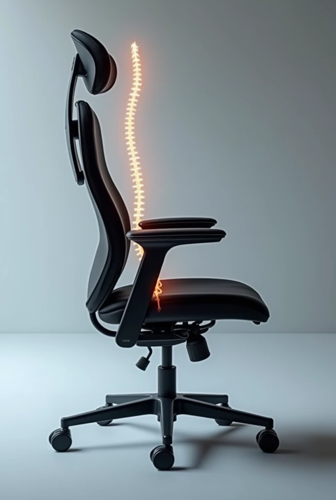 Description of Smart Chair with Posture Feedback 1. Design and Structure:
Ergonomic and Elegant: Adjustable seat and backrest with high quality materials and modern finish.
Lumbar Support: Curved backrest for proper support.
2. Technology and Feedback:
Posture Sensors: Integrated to monitor the position of the spine.
LED indicators: colors (Unripe, yellow, rot) provide visual feedback on posture.
3. Display e Controles:
digital screen: Displays posture information and adjustment suggestions.
Intuitive Controls: Buttons or touch panel for adjustments and settings.
4. Connectivity and Additional Features:
Mobile App: Bluetooth connection for detailed monitoring and feedback customization.
Massage and Warming Up: Additional functions for comfort.
5. Adjustments and Comfort:
Adjustable Base: Adjustable height and tilt for ergonomics.
Arm and Headrests: Adjustable for additional support.
The chair combines modern design with advanced technology to promote healthy posture and provide additional comfort..
show me her from the front