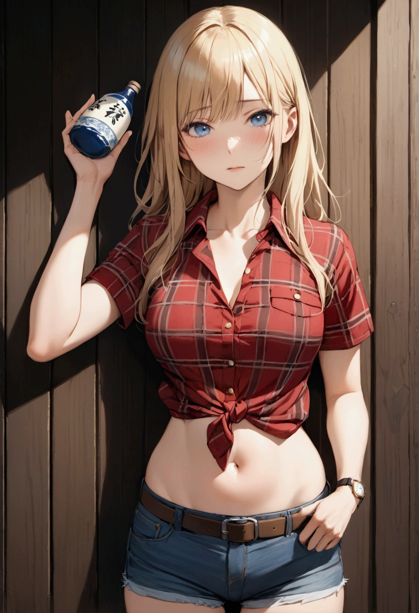 Woman with long blonde hair, blue eyes, An athletic body, Red plaid tight short sleeve collared cowgirl shirt, watch, Navel exposed, Denim hot pants, Brown belt with oval buckle, Stand up straight, Drunk,Strong hiccups,In front of a wooden wall,Japanese sake,Front view,Cowboy Shot,16K, Highest quality, masterpiece, Realistic, Super detailed