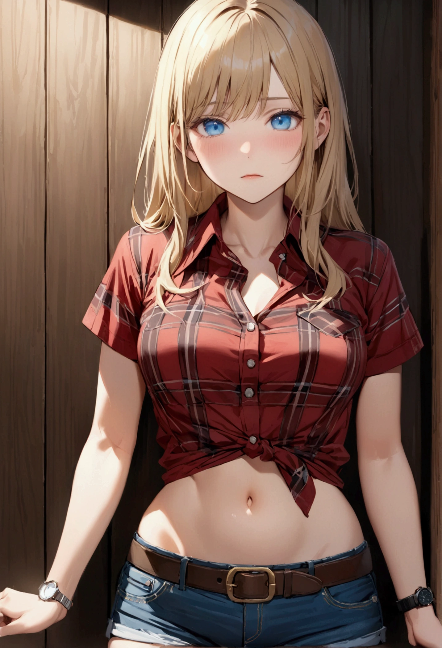 Woman with long blonde hair, blue eyes, An athletic body, Red plaid tight short sleeve collared cowgirl shirt, watch, Navel exposed, Denim hot pants, Brown belt with oval buckle, Stand up straight, Drunk,Strong hiccups,In front of a wooden wall,Japanese sake,Front view,Cowboy Shot,16K, Highest quality, masterpiece, Realistic, Super detailed