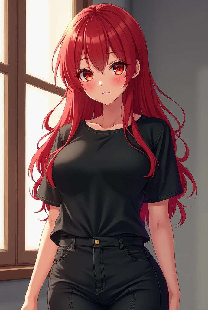 An anime girl , cute eyes, cute looking , hot looking , standing, full hair to leg picture, red hair,hot, big breasts, black shirt , black pants ,smiling, straight face, full hair