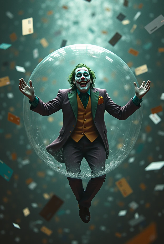 suicide squad joker laughing in a floating bubble with silver string and with the background of the image full of credit cards.