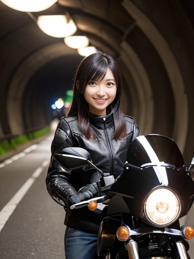 Japanese female, (underweight), (medium bust best quality:1.0), 30 years old, (cheerful grin:1.3),
tunnel, motorcycle, (riding motorcycle), semi long, wide shot,