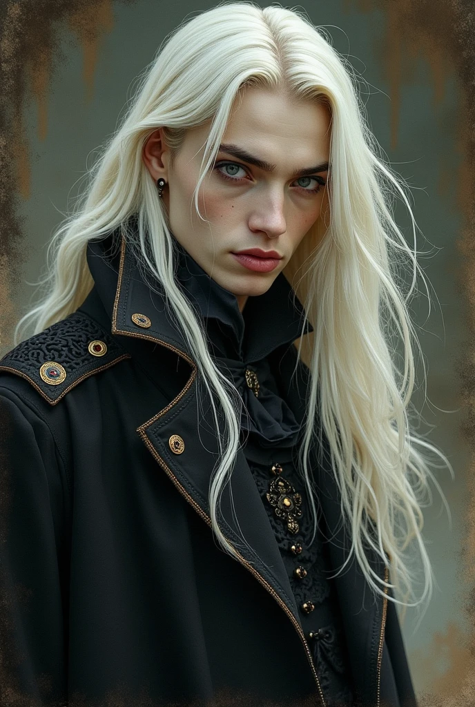 Dark fantasy vampire with long white hair, with an angelic face, naughty man, drawn no estilo vintage, drawn, creepy, male 