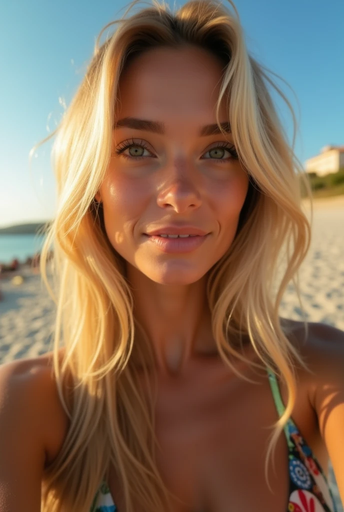 (5 mm fisheye lens) 1 woman, 23 y.o., Ukranian, Beautiful,long hair blonde ((upper body selfie)), Beautiful backlight, masterpiece, Best quality, ultra-detailed, only, sexy, Comfortable, clear sky, analog style (looking at viewer:1.2) (Skin texture) (film grain:1.3), (warm shade, warm tone:1.2), Close up, Cinematic light, Side lighting, Ultra-high resolutions, Best shadows, Upper half of body, Wearing bikini, Relaxed and intimate photos, Long blond hair, Outdoors, Landscapes of hotel Ibiza people, blurred background