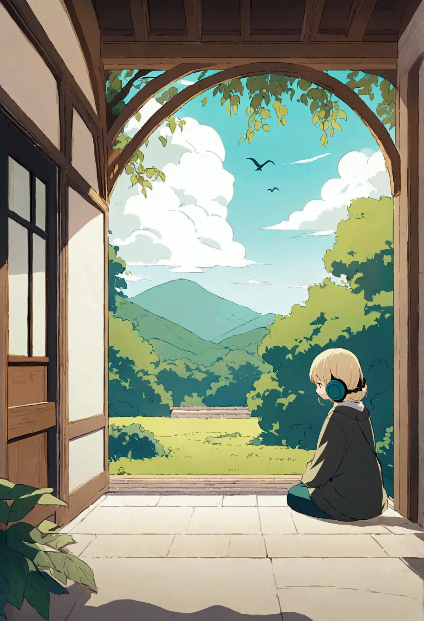 　Sky birds are flying　Anime-style illustrations. 　She has light hair and is wearing headphones. he、Dressed casually with a dark shirt and loose coat over his clothing。. Landscape Room　Beautifully drawn, With minimalist lines. The overall color scheme is soft and dark.,More white gives the image a calm, relaxing feel.　Ghibli Studio Style　