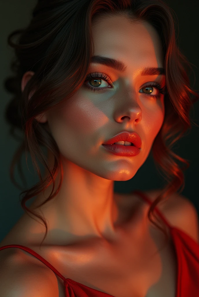beautiful detailed eyes, beautiful detailed lips, extremely detailed eyes and face, long eyelashes, cinematic portrait, voluptuous Caucasian woman, oil painting, hyperrealistic, dramatic lighting, high contrast, rich colors, cinematic composition, elegant, sensual, photorealistic, 8k, best quality, masterpiece