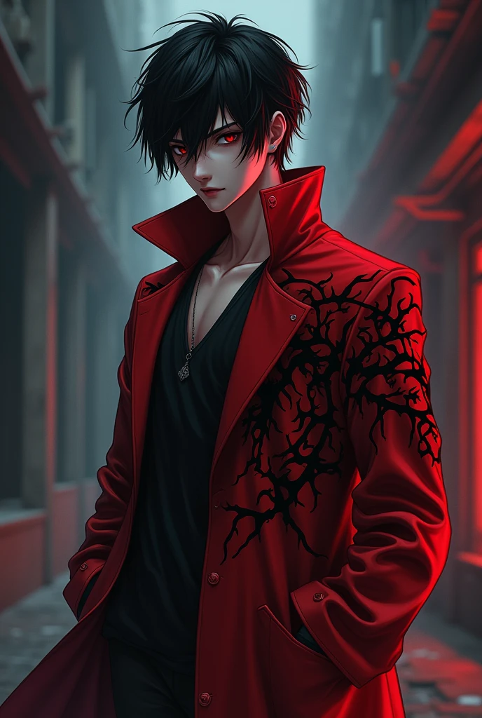 Create an anime-style character inspired by Dante from Devil May Cry that is a Man with paler skin, Bblack hair, no tattoo and a red and black lab coat