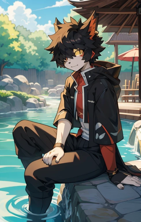 Aak,sit,masterpiece,Hot springs,Anime style,4K HD style,Looking at the audience,Aakhead,Black full body tights,Boys,Black top,Black trousers