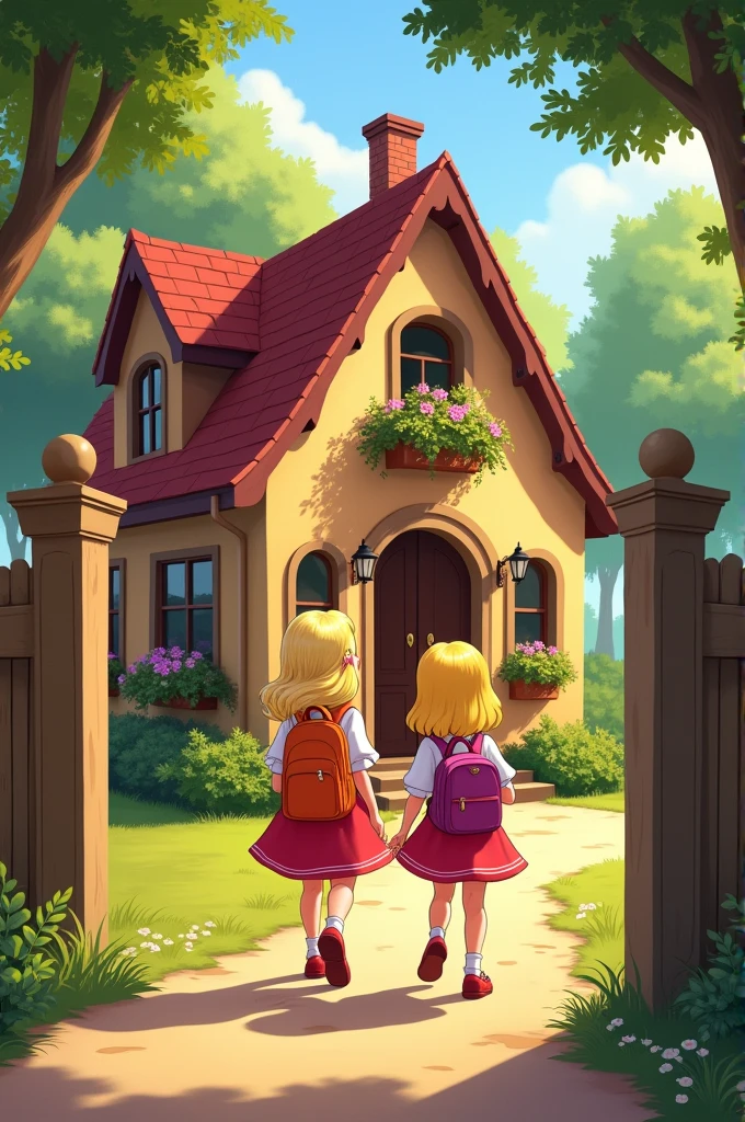 Arrival at Grandma's House Scene: Maria Clara and Aurora arriving at the gate of grandma's house.
detaileds: Sunnyday, cozy house with a big yard. The girls with lively smiles, carrying backpacks. Note: Maria Clara is and has dark blonde hair and Aurora is and has blonde hair.. I want it in Disney style