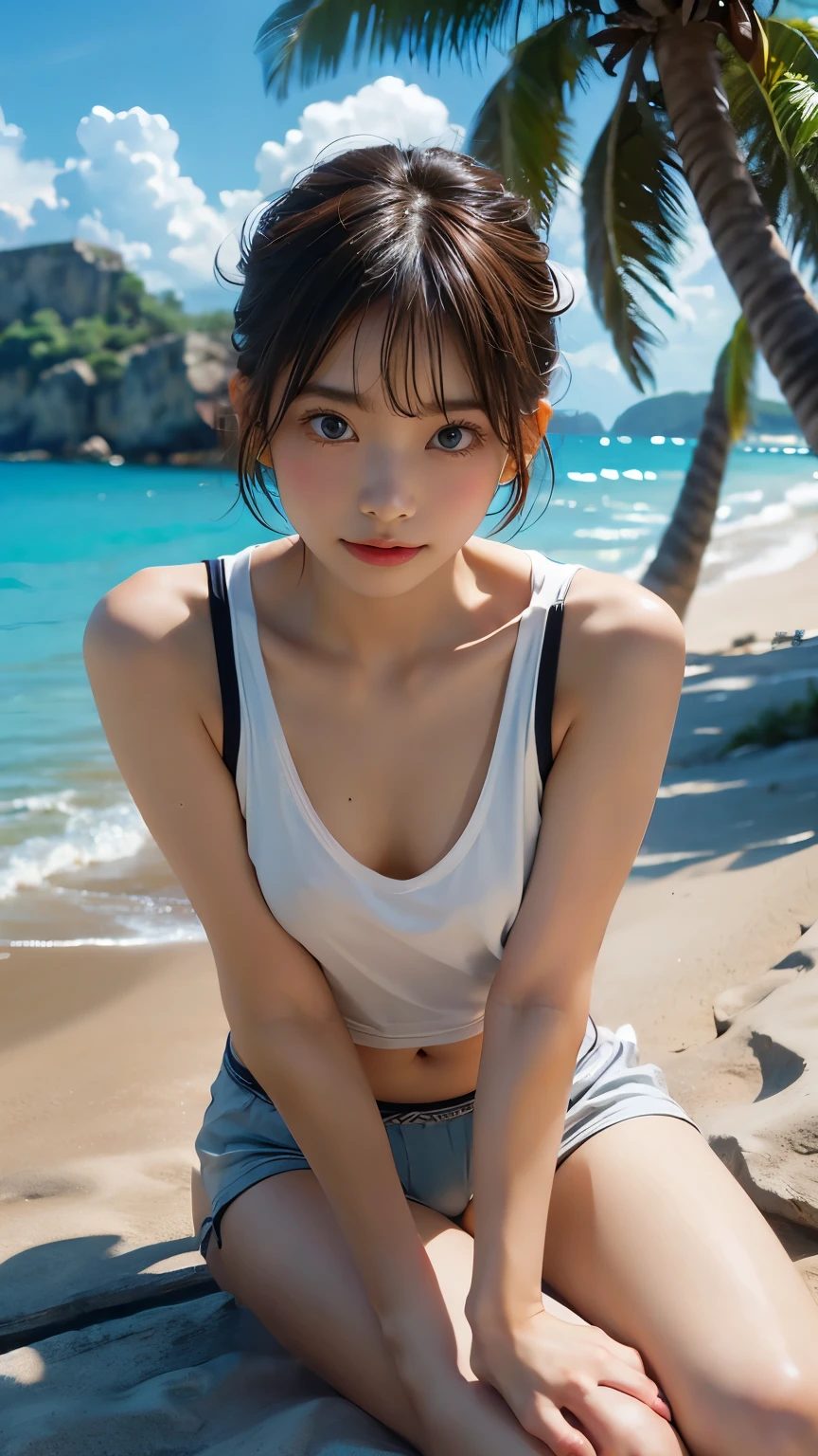 Highest quality,Realistic,masterpiece,detailed,High resolution,cute , chest, 1 girl, alone, Nipples, Masturbation, No fixes, , big chest, blush, , grabbing own chest, Pulling up clothes, pulling up shirt, Poster (object), short hair, belly button, Sweat, Sitting, jewelry, Earrings, Outdoor, Bottomless, bikini, Mole, Orange Hair,, lips apart, very good, clavicle, Glowing Skin, lips, Open your mouth, shirt, Green Eyes, vein, Realistic,Excited,aphrodisiac,Flushing,Ocean ,Palm tree,clouds in the distance,Beach,Embarrassed face,splash,Sweat,Ocean岸,bedに仰向け,bed,indoor,Black Swimsuit