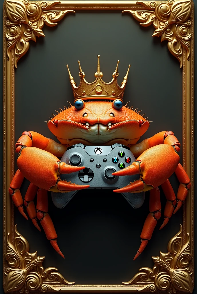 (Logo salle de jeux Royal game) crabe royal qui tient manette Xbox x avec bordure d'ore affiche le mot Royal game 
