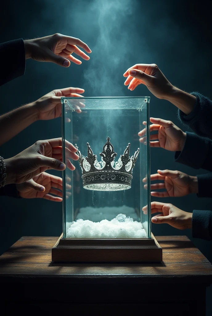 (bookcover), large silver wedding crown, Wedding crown in glass box, glass box, Wooden stage wedding crown, dark background, Many hands on the right and left want to grab the wedding crown, perfect hands