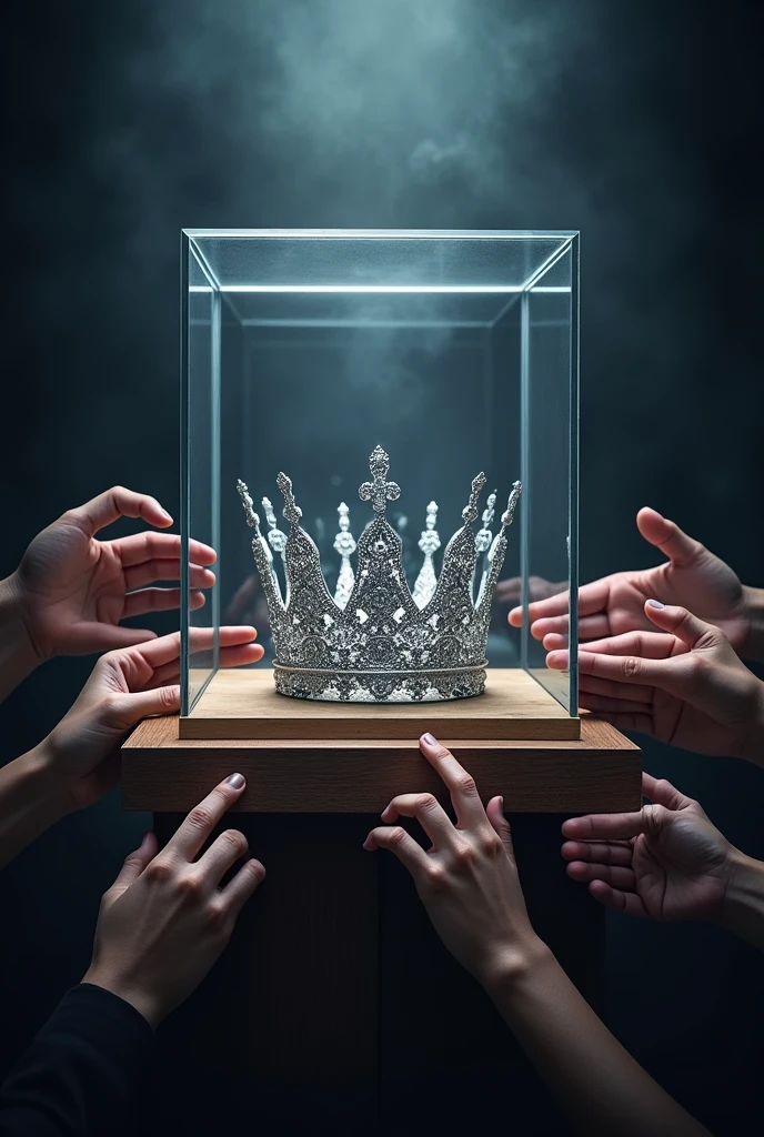 (bookcover), large silver wedding crown, Wedding crown in glass box, glass box, Wooden stage wedding crown, dark background, Many hands on the right and left want to grab the wedding crown, perfect hands