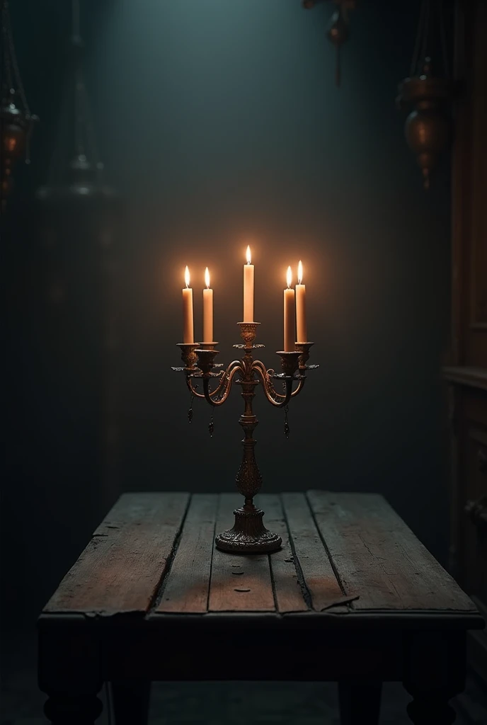 (photorealism:1.2), Lit candelabra on an antique table, dark and gloomy atmosphere, darkness, lit candlestick, everything very very dark, Only the table and the chandelier are visible, foreground, table and chandelier close up, closer, closer. 