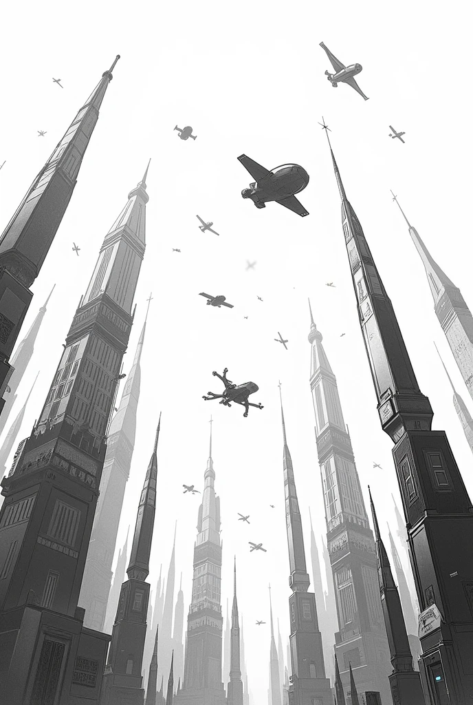 Design a black and white drawing of a futuristic city with skyscrapers and flying vehicles. Buildings should be decorated with geometric lines and patterns., and the sky must include spaceships or drones. This design should be ideal for a more adult audience who enjoys science fiction themes and complexity in the details..