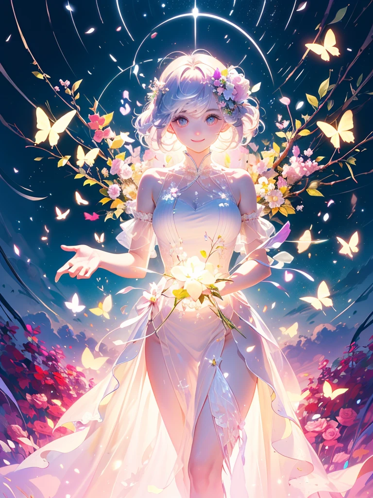 (masterpiece、Highest quality、Highest quality、Beautiful and beautiful:1.2)、(Excellent anatomy:1.5)、Milky white straight hair girl、super high quality, Super detailed, Absurd beauty, beautiful girl, Butterfly Fairy, Rose Costume, Braided Hair, Her eyes are shining , Cute Smile, Flower Garden Scenery, Absolute beauty, Flowers in her hands , Under the stars